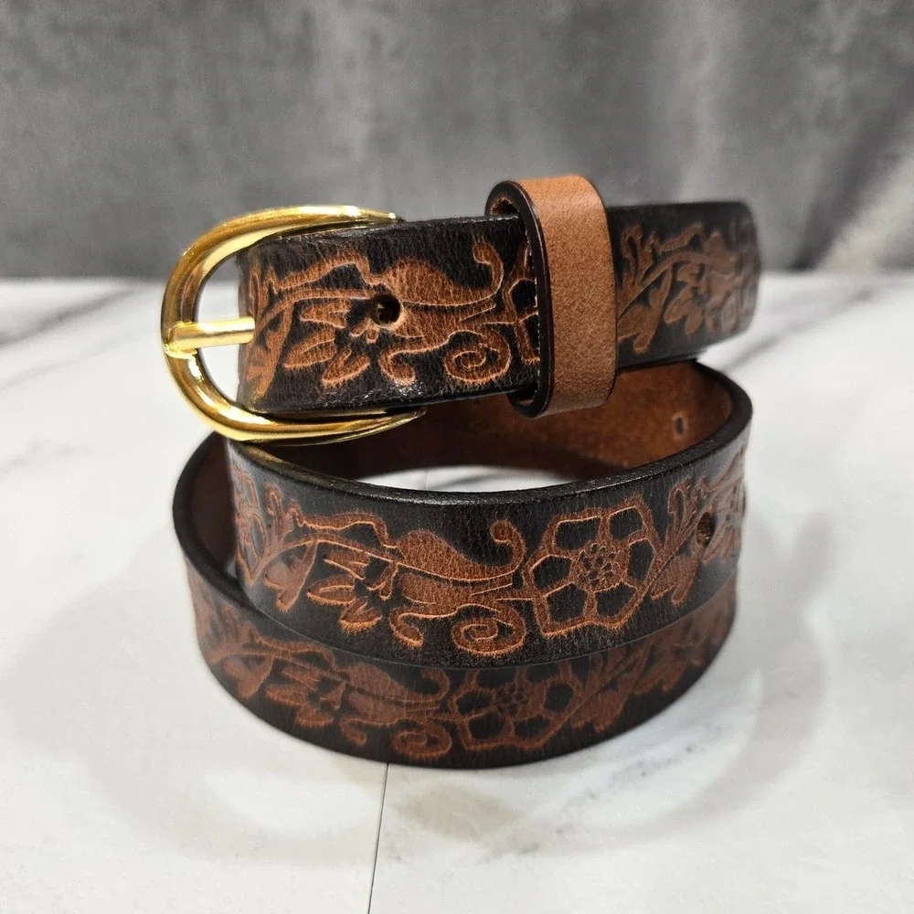 Gloria Vanderbilt Belt Womens L Brown Leather Tooled Floral Western Casual